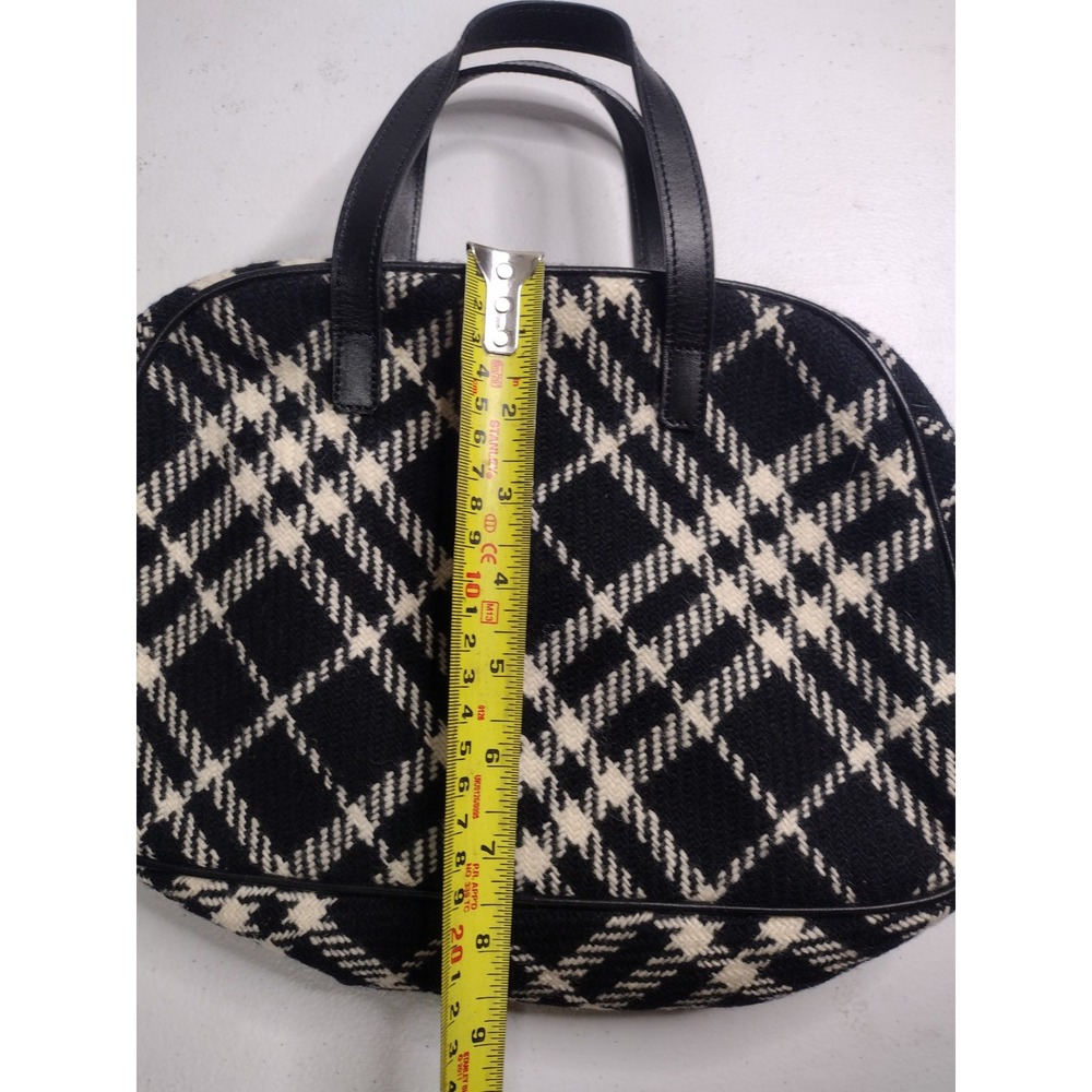 Burberry London Black White‎ Diagonal Plaid Wool Leather Satchel Handbag Italy - Picture 4 of 7